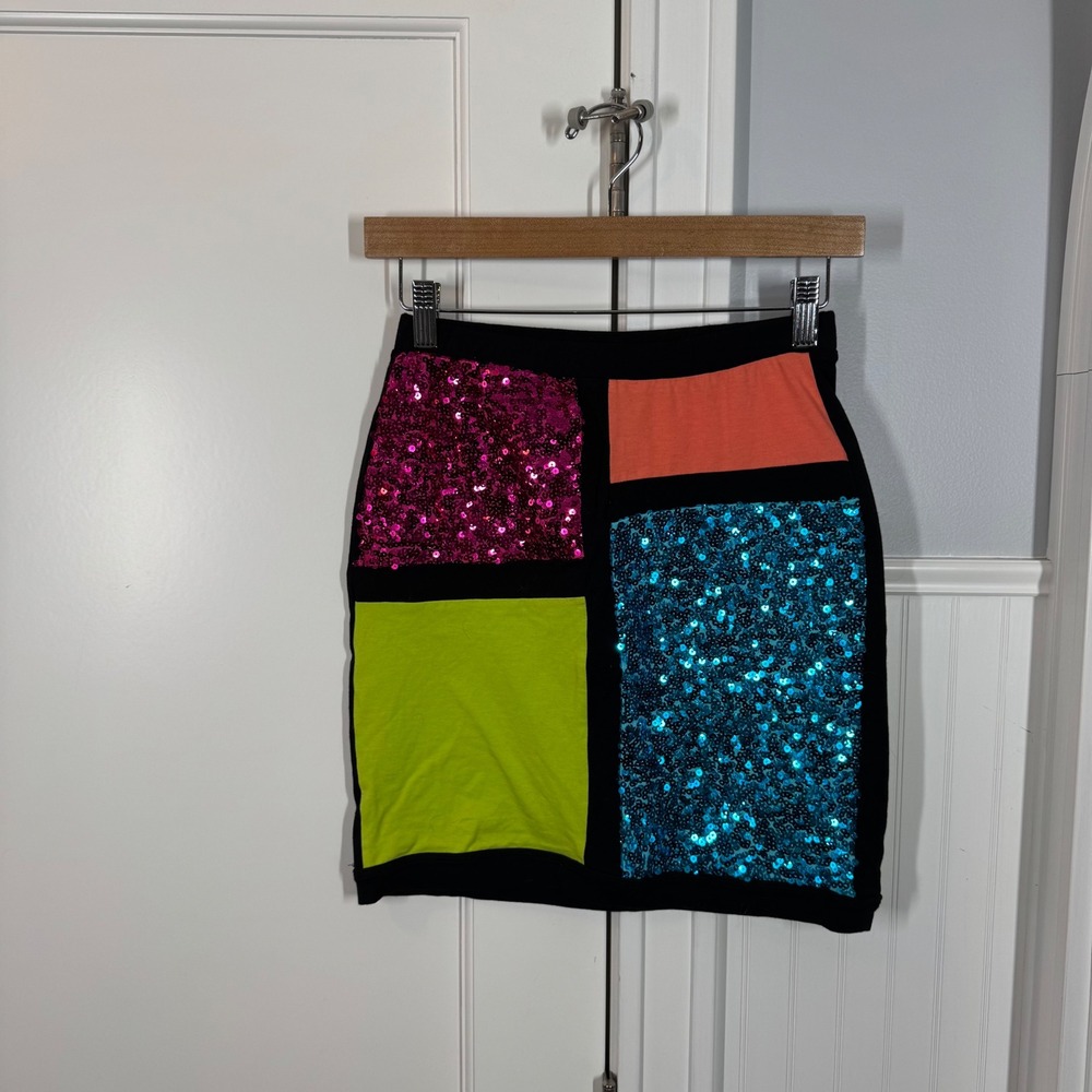 Colorblock Sequin Patch Mini Skirt - Pink, Teal, Lime & Coral